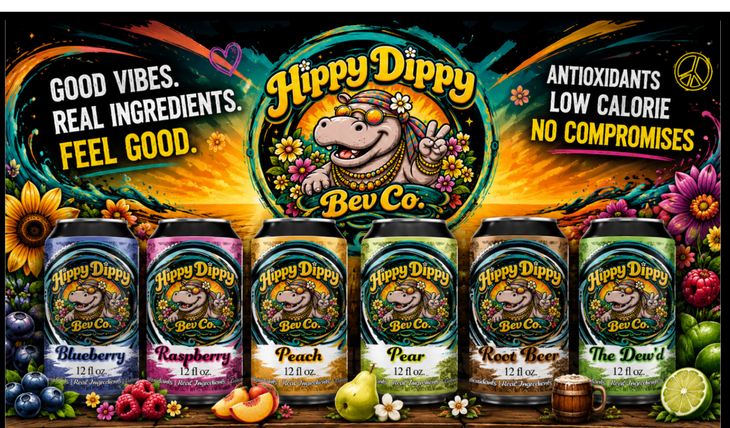 Promotional graphic for Hippy Dippy Bev Co. with product packaging and branding elements.