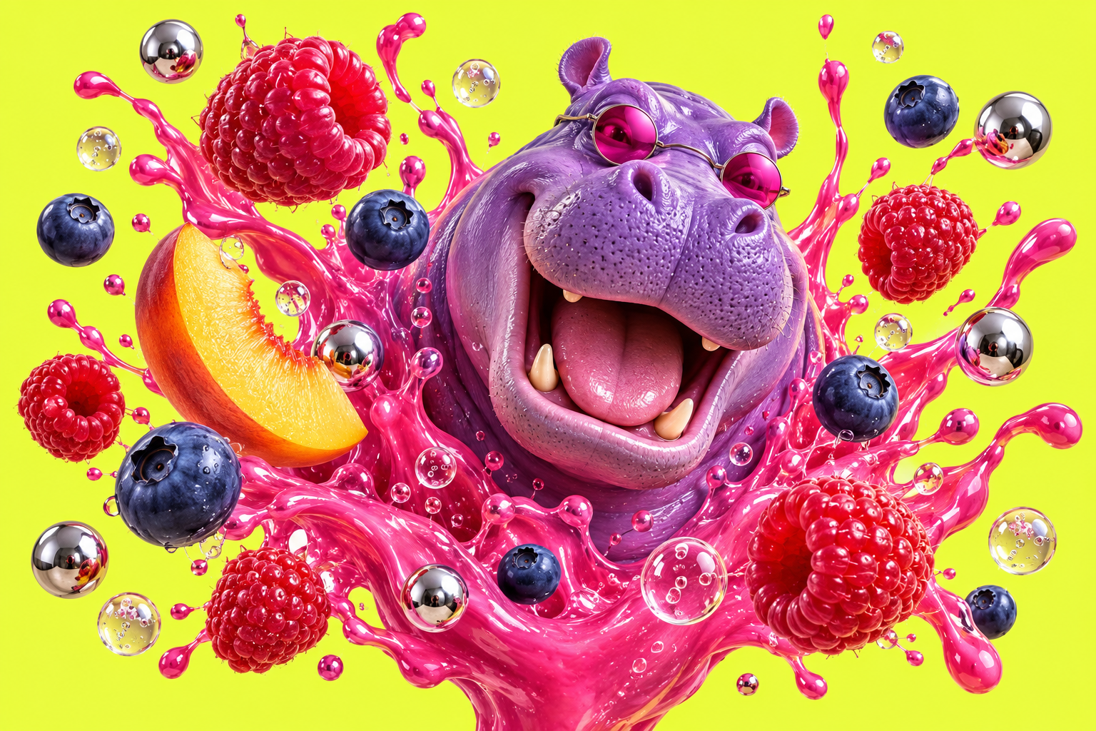A grinning purple hippo in pink sunglasses surrounded by fruit and a pink splash